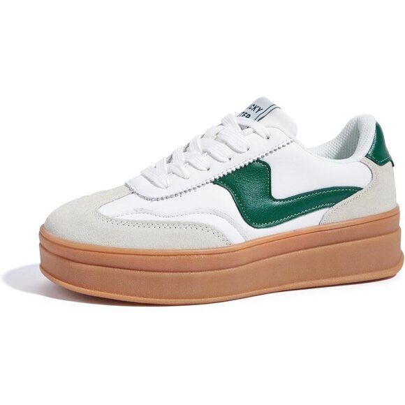 Shoes - Women Platform WhiteGreen Sneaker Thick Sole Suede Leather Low Top Walking Shoes